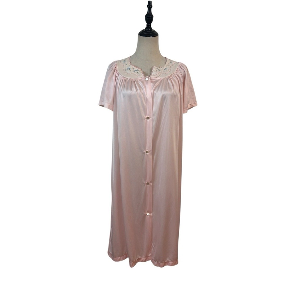 Vtg Merville Pale Pink Housecoat‎ Nightgown Embroidered Sz L Cottagecore Grandma